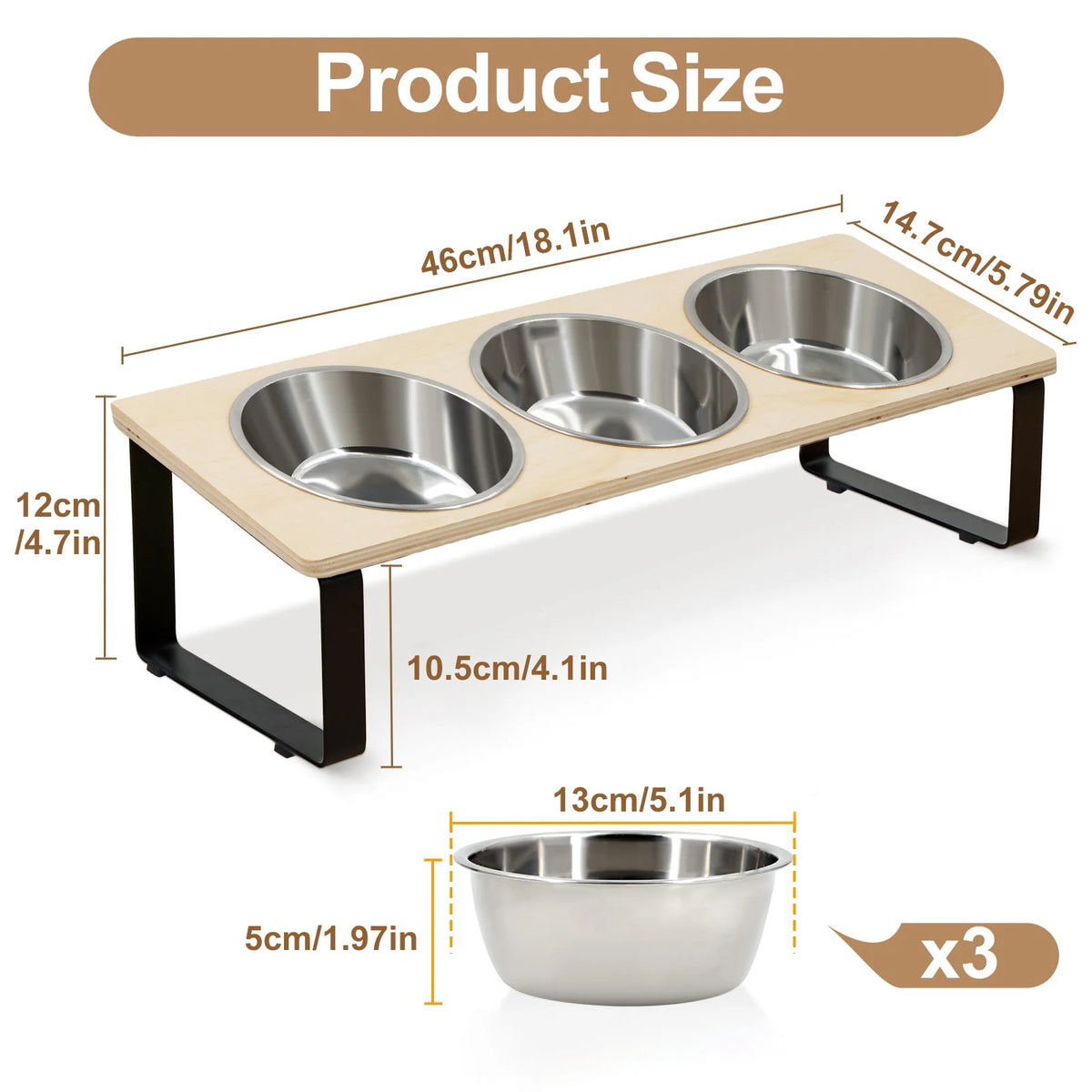 Elevated Pet Feeding Station – 3 Stainless Steel Bowls with 15° Tilted Stand