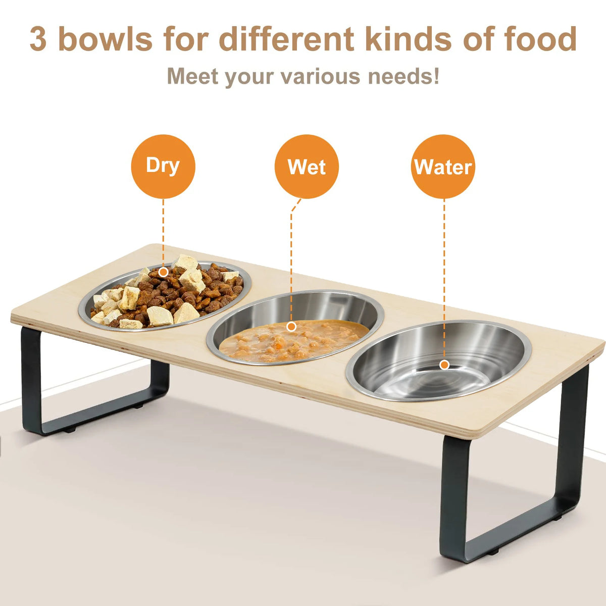 Elevated Pet Feeding Station – 3 Stainless Steel Bowls with 15° Tilted Stand