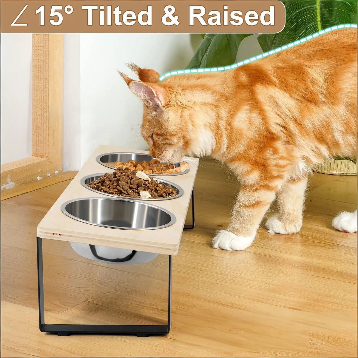 Elevated Pet Feeding Station – 3 Stainless Steel Bowls with 15° Tilted Stand
